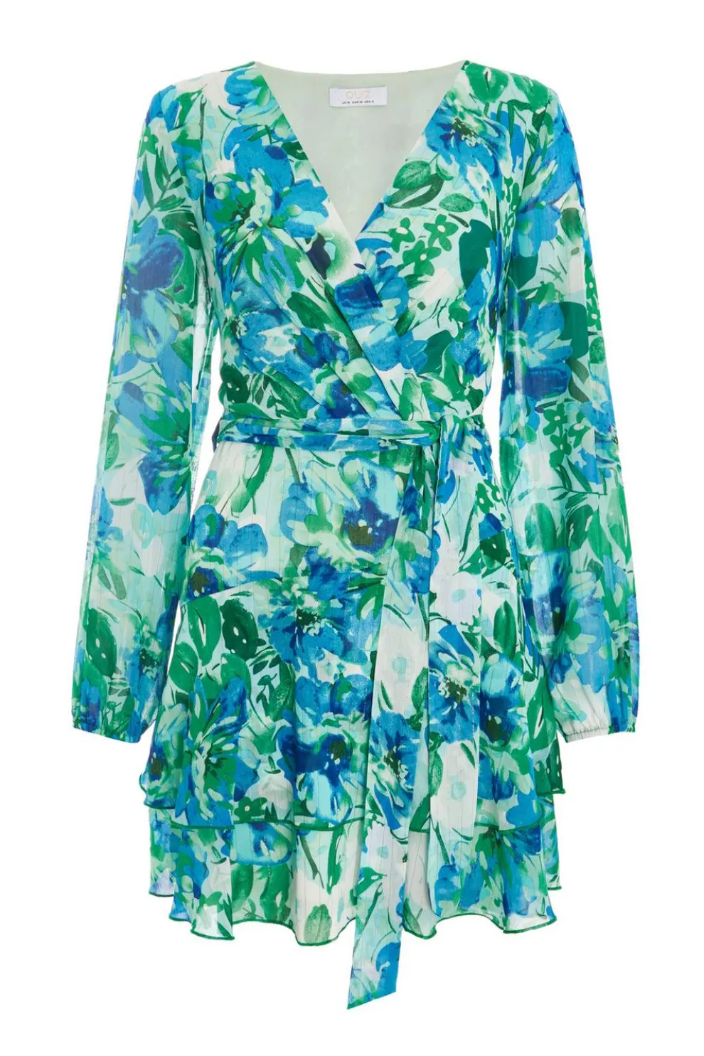 Green Floral Wrap Chiffon Skater Dress