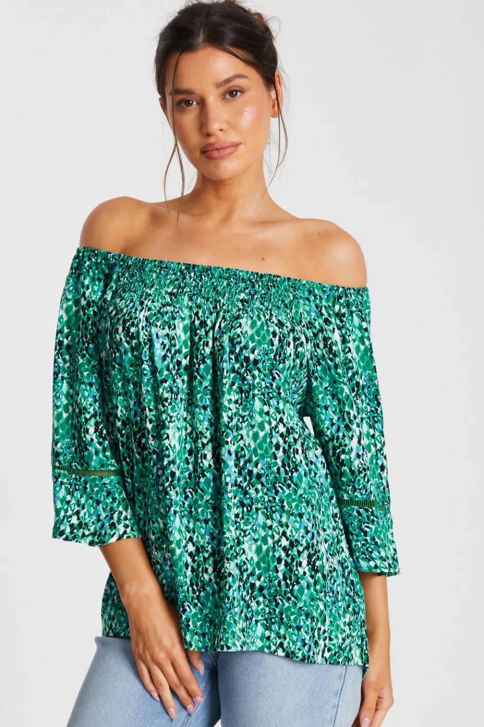 Green Leopard Print Bardot Top