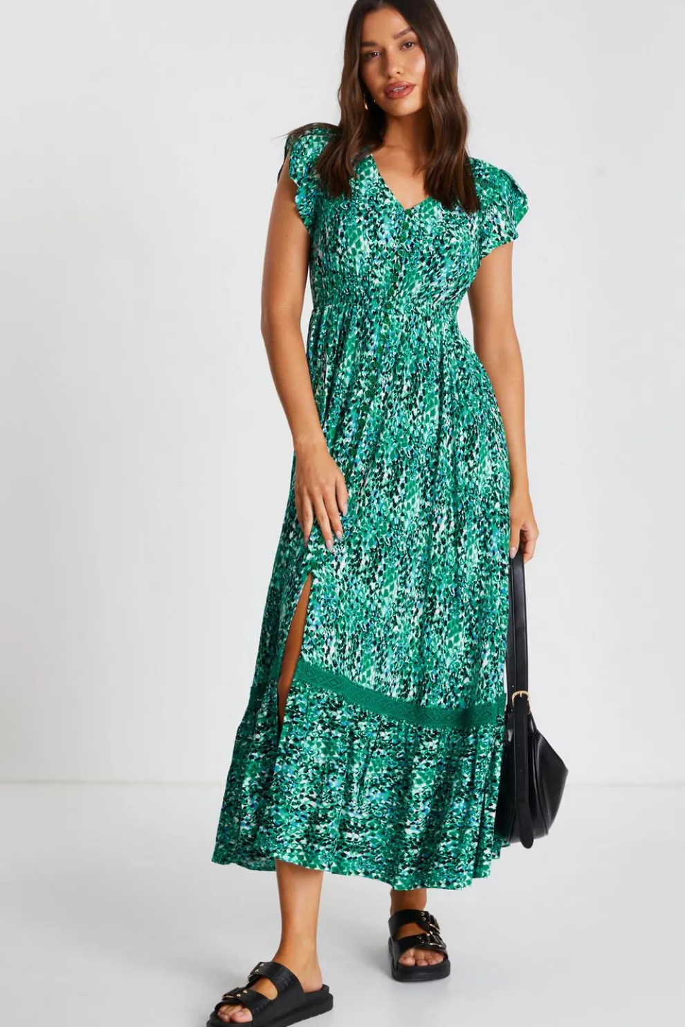 Green Leopard Print Crochet Trim Midaxi Dress