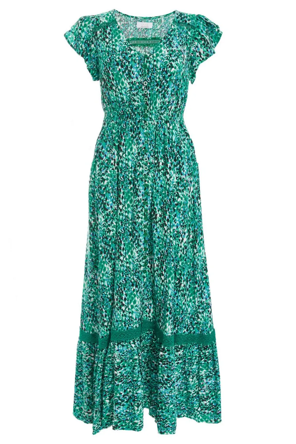Green Leopard Print Crochet Trim Midaxi Dress