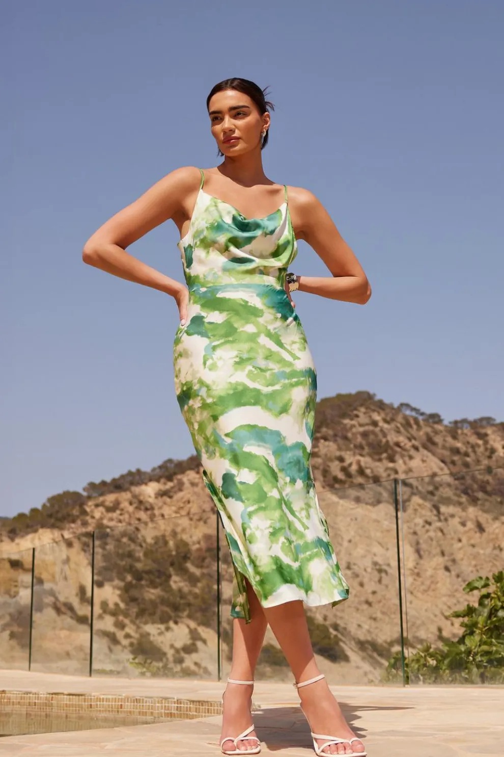 Green Marble Print Cowl Neck Midaxi Dress