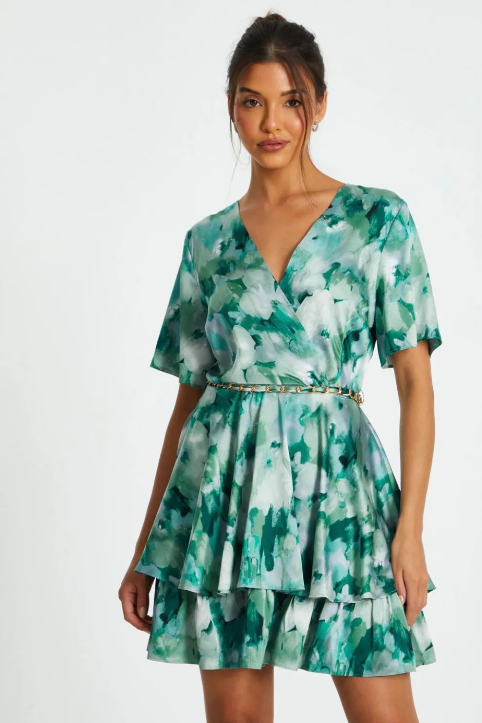 Green Marble Print Tiered Skater Dress