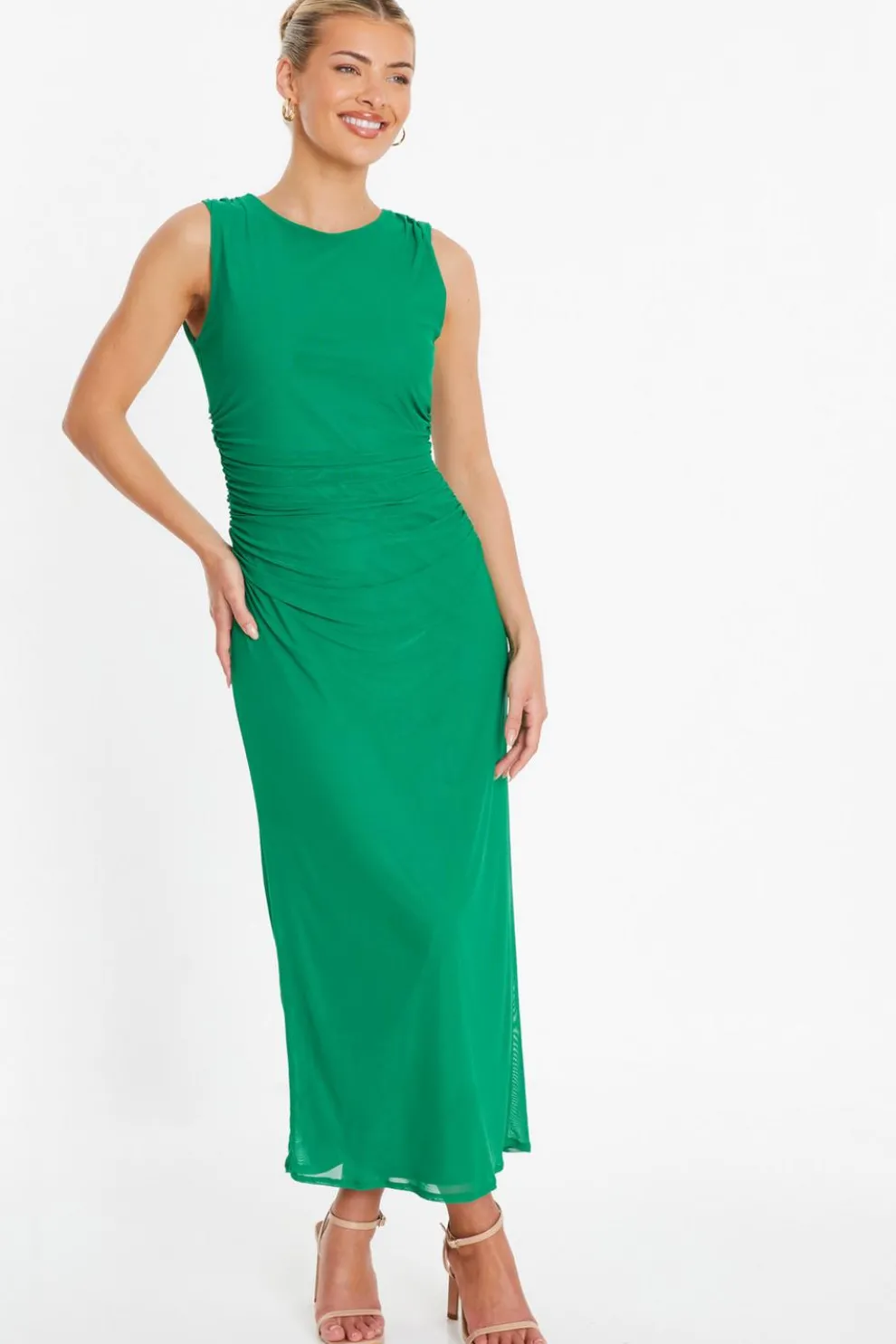Green Mesh Ruched Bodycon Midaxi Dress