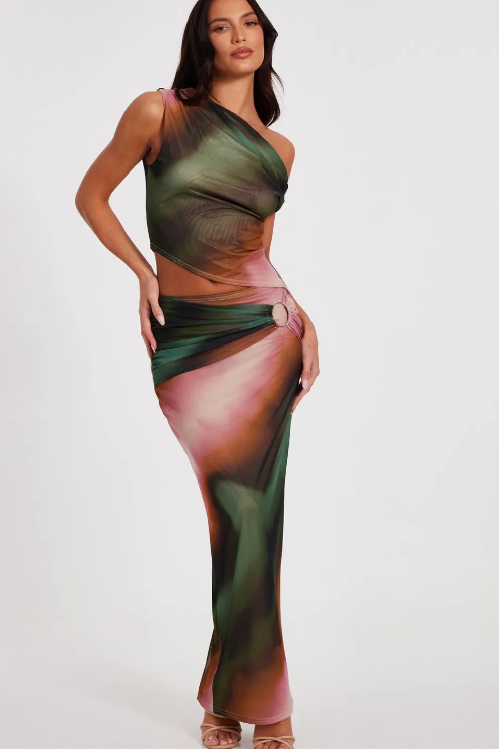 Green Mesh Ruched Maxi Skirt