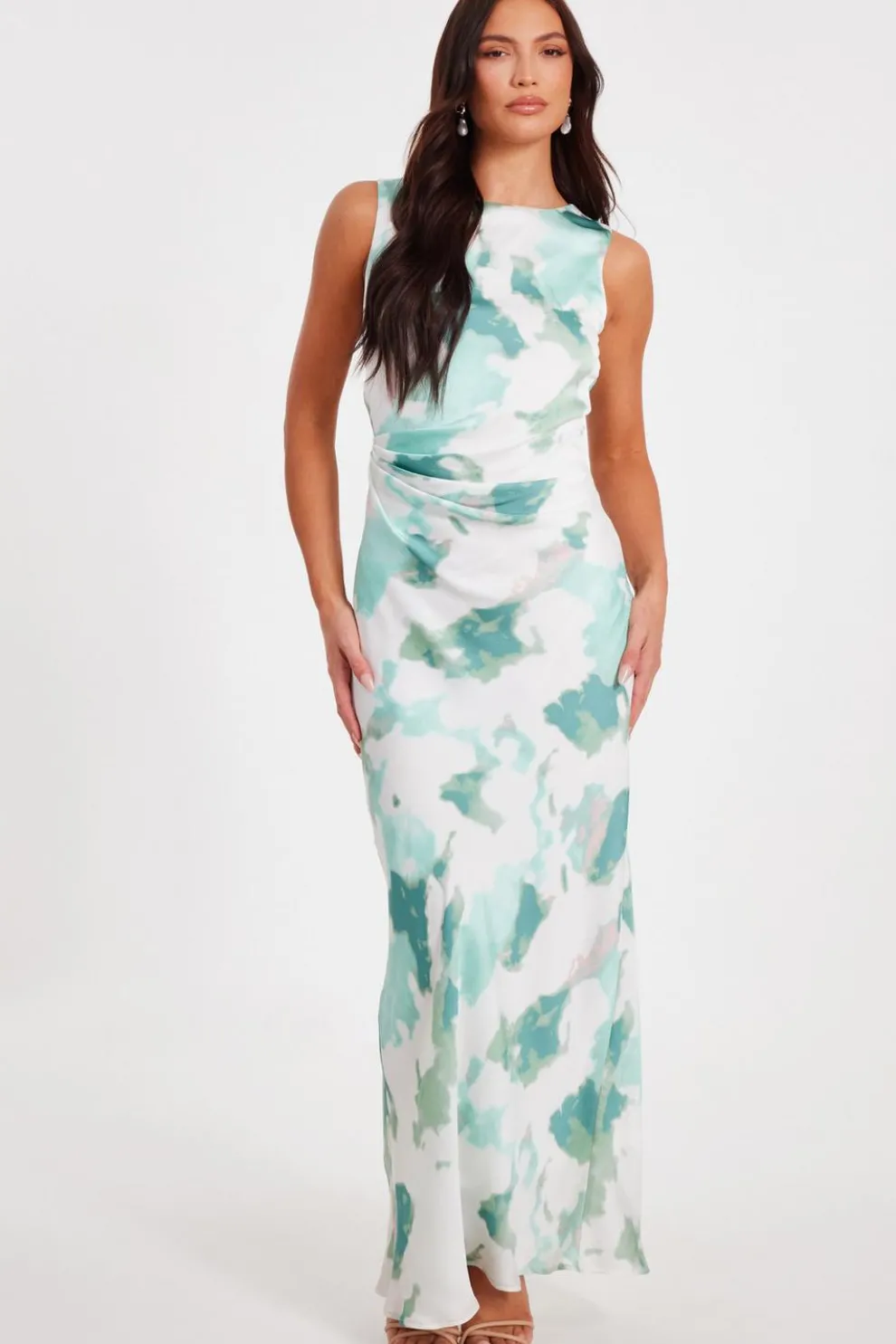 Green Satin Marble Midaxi Dress