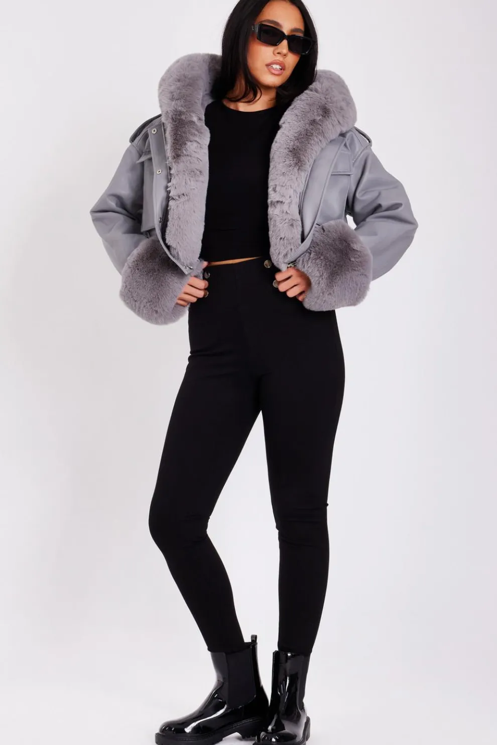 Grey Faux Fur Bomber Jacket