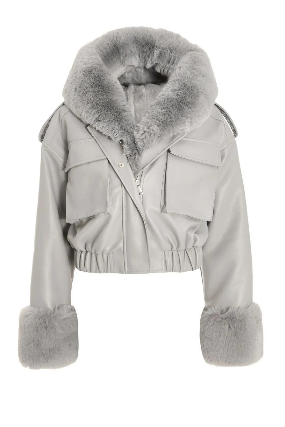 Grey Faux Fur Bomber Jacket