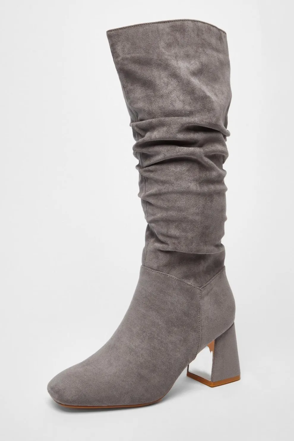 Grey Faux Suede Ruched Heeled Boots
