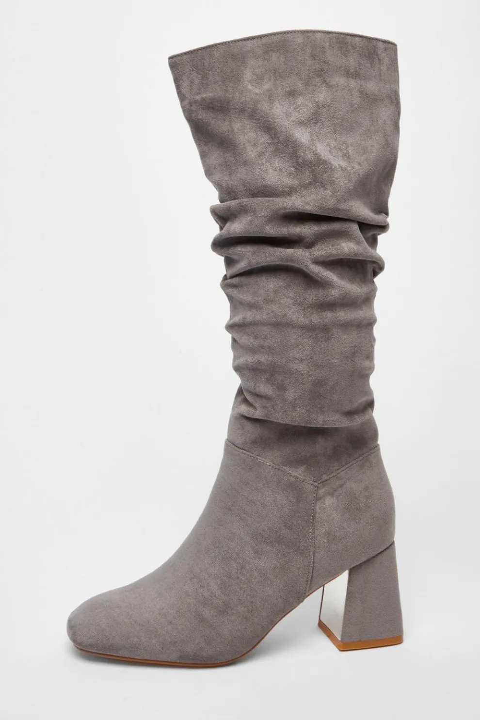 Grey Faux Suede Ruched Heeled Boots