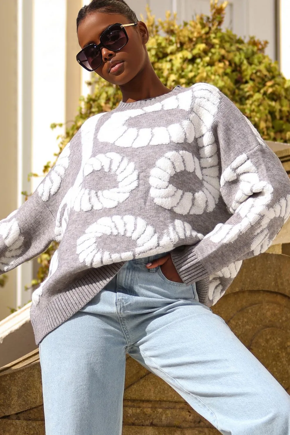 Grey Knit Printed Jumper