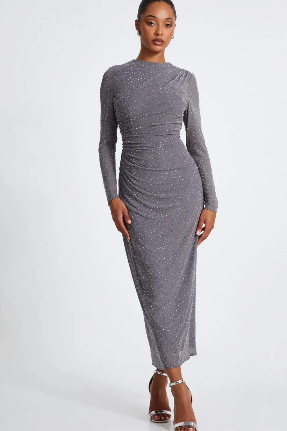 Grey Mesh Diamante Maxi Dress