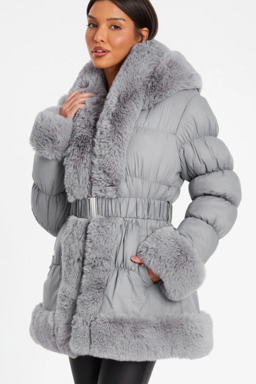 Grey Padded Faux Fur Trim Jacket