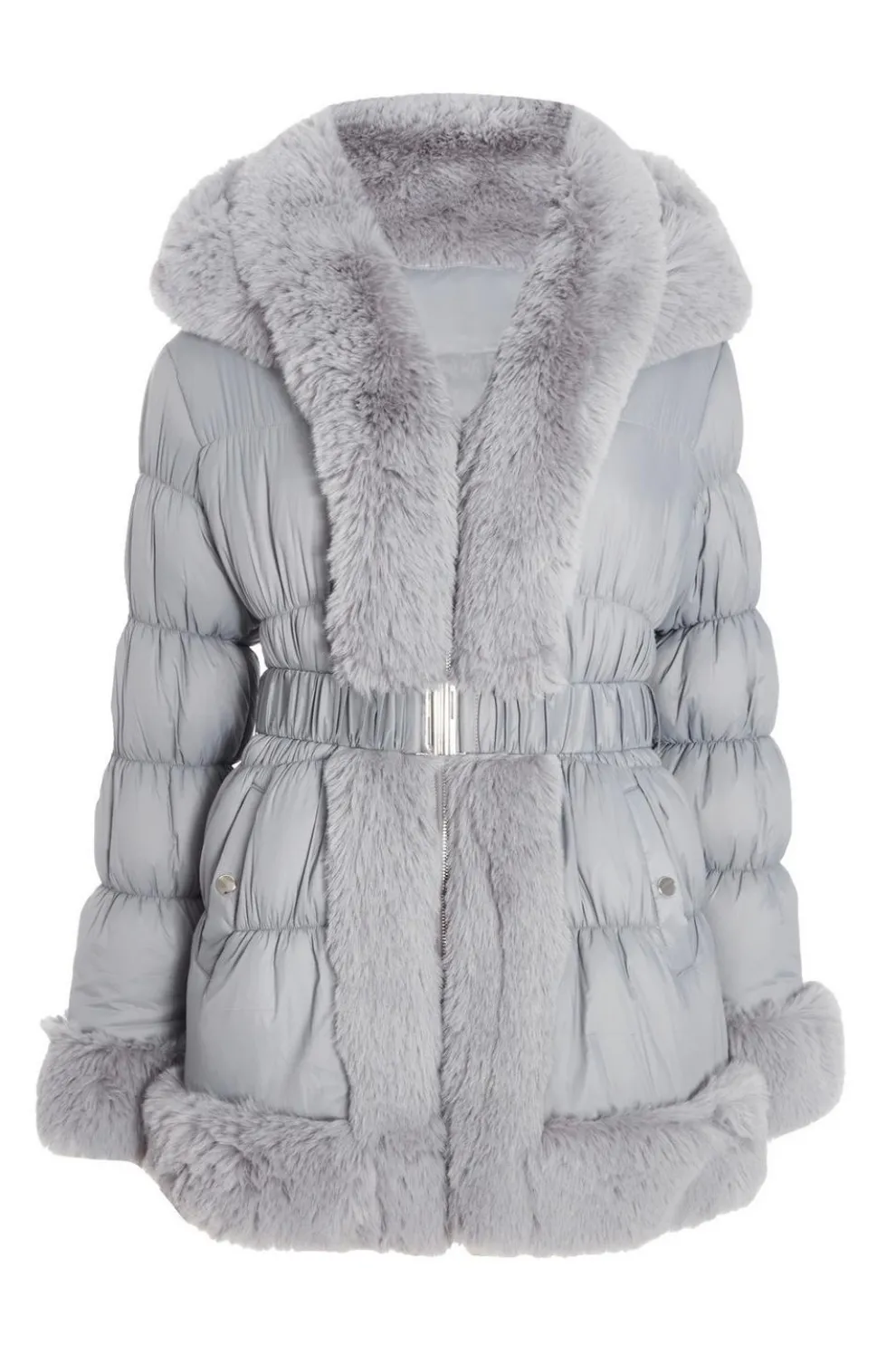 Grey Padded Faux Fur Trim Jacket