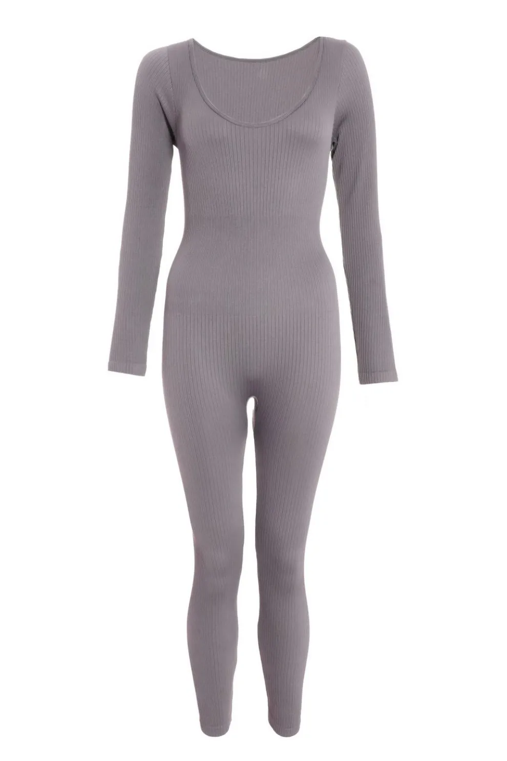 Grey Ribbed Long Sleeve Jumpsuit