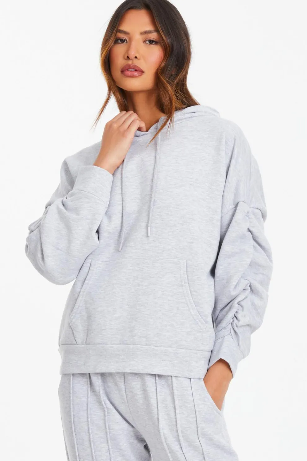 Grey Ruched Sleeve Oversized Hoodie