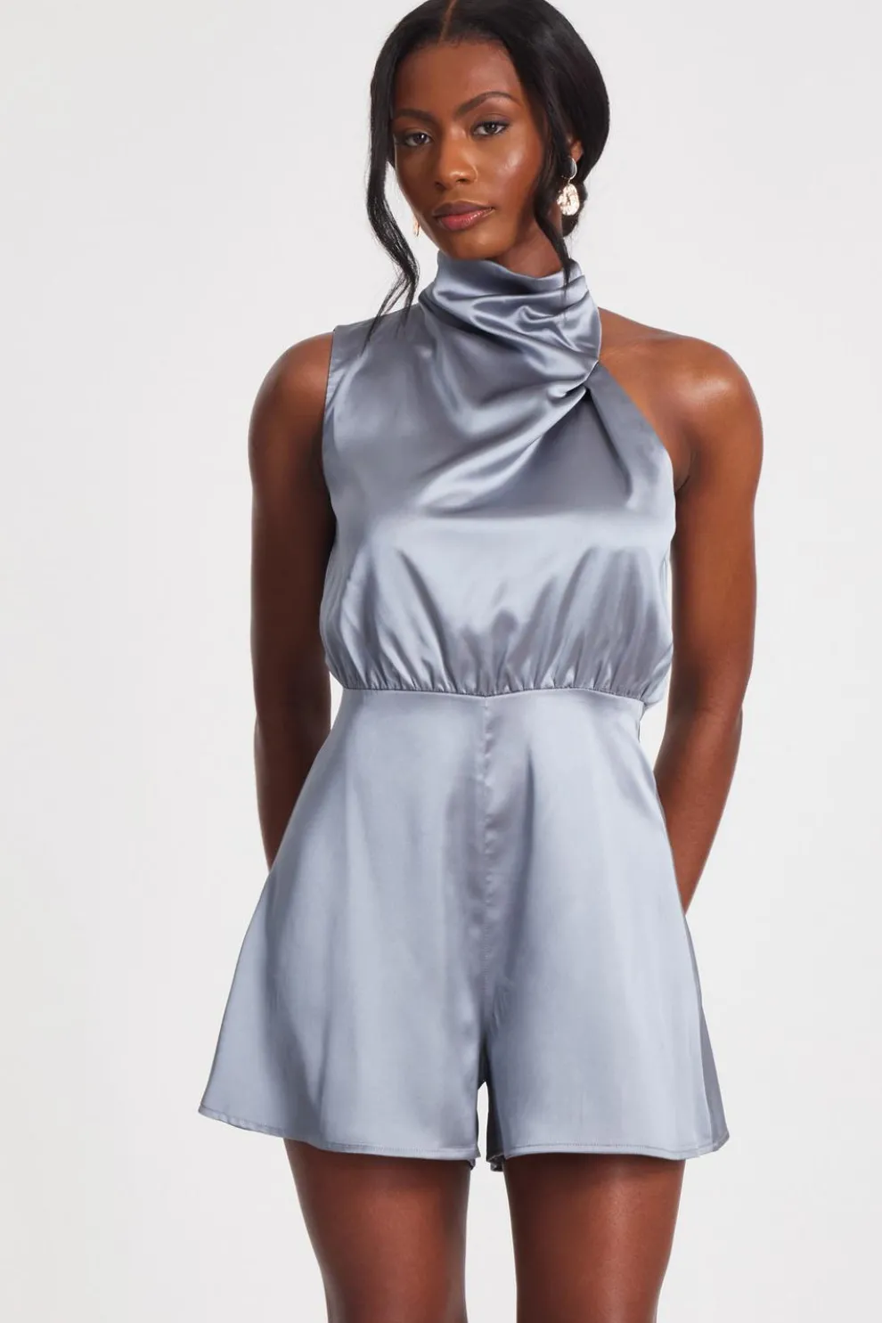 Grey Satin Asymmetric Playsuit