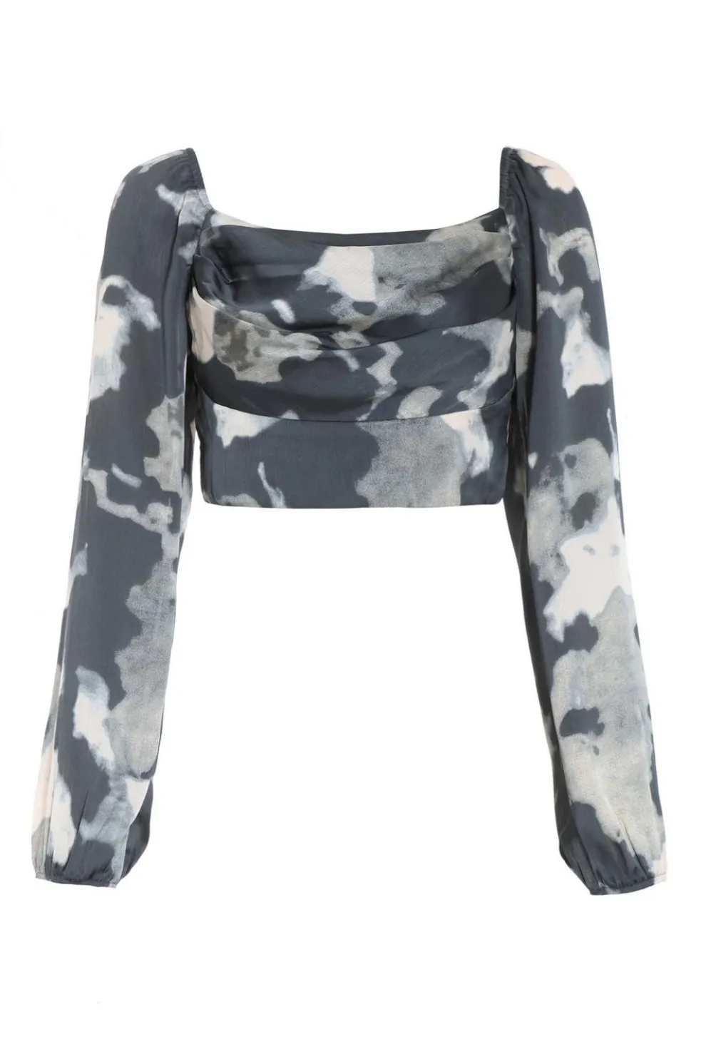 Grey Satin Smudge Print Cropped Top