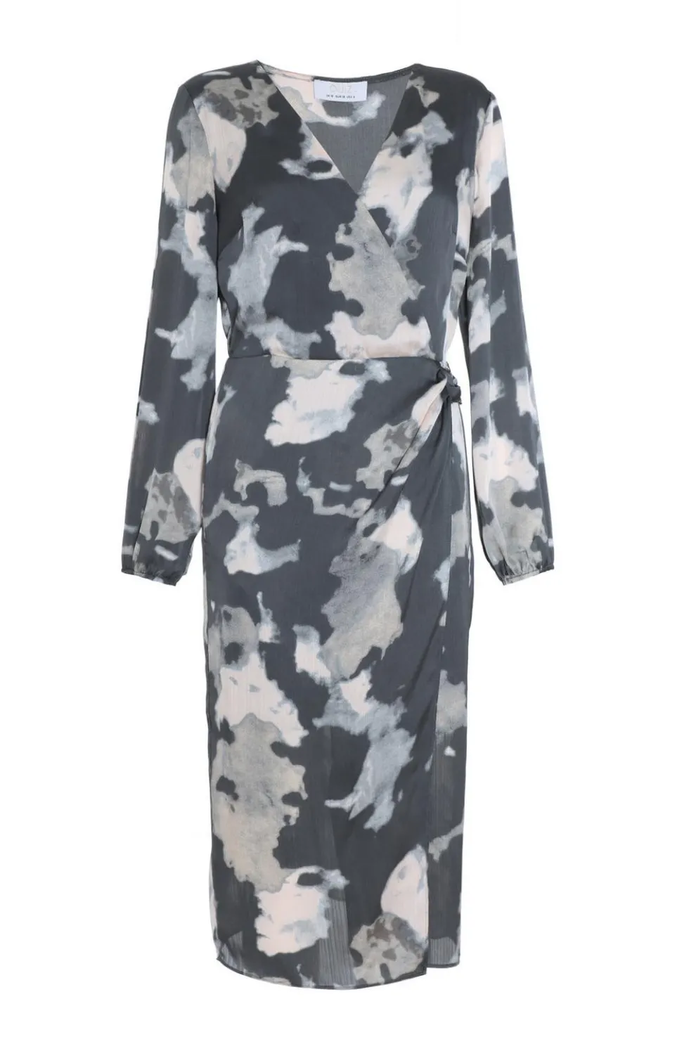 Grey Smudge Print Wrap Midi Dress