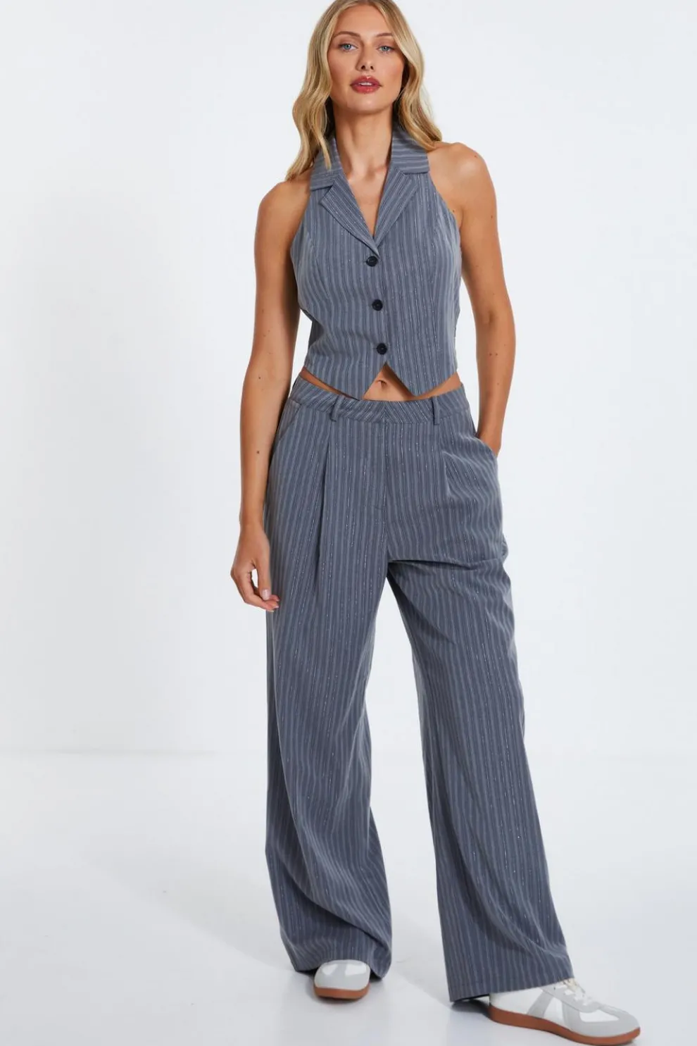 Grey Stripe High Waist Trouser