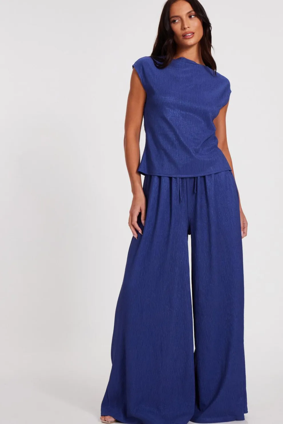 Indigo Crinkle Cowl Back Top