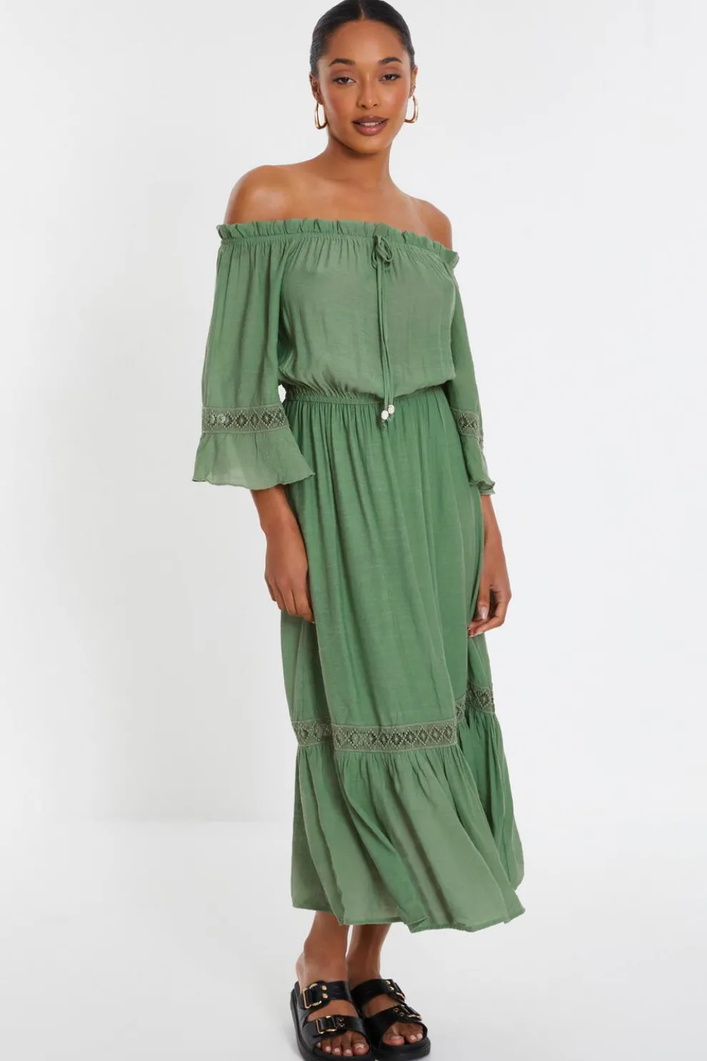 Khaki Bardot Crochet Midaxi Dress