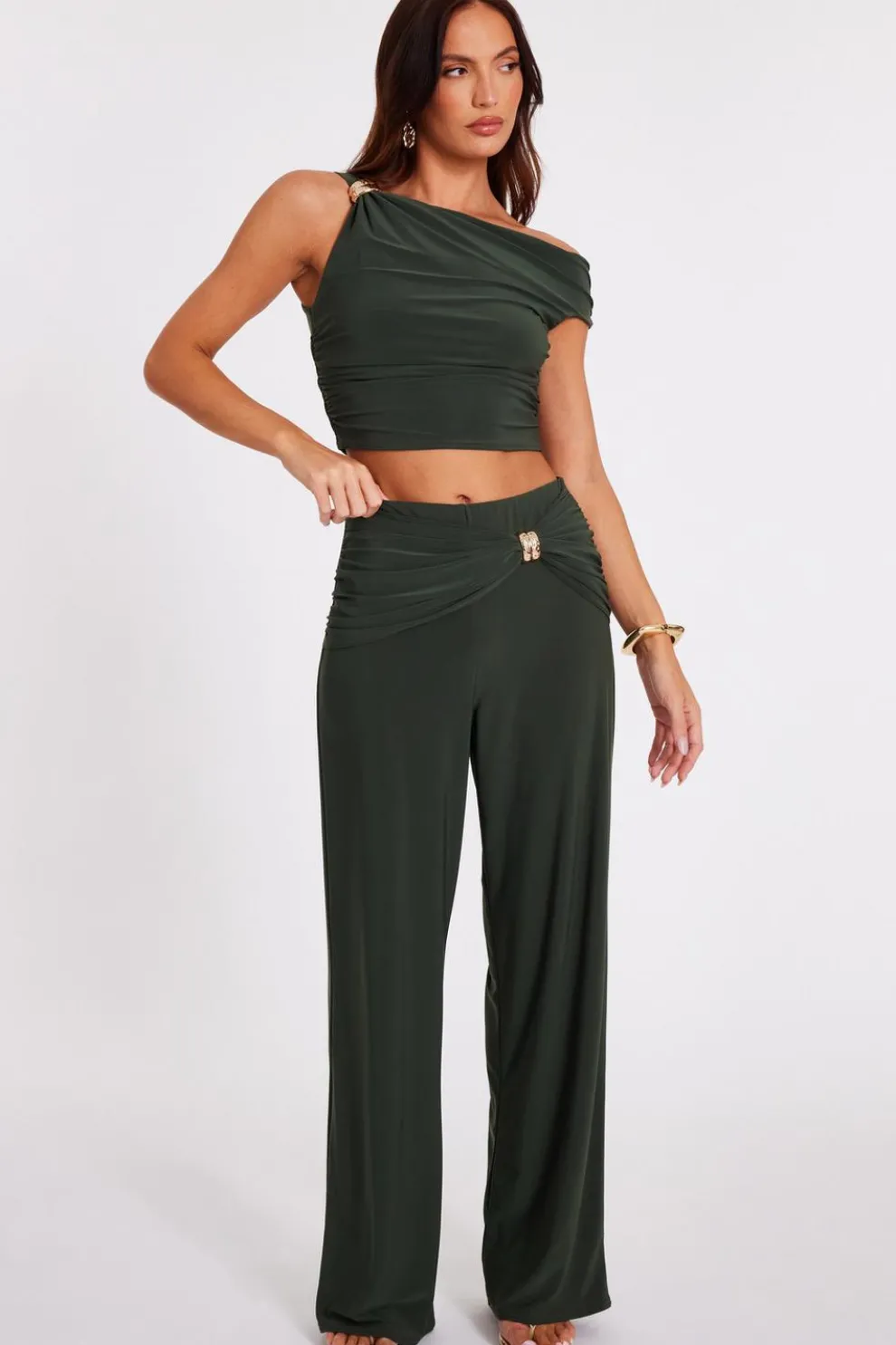 Khaki Buckle Wide Leg Trousers