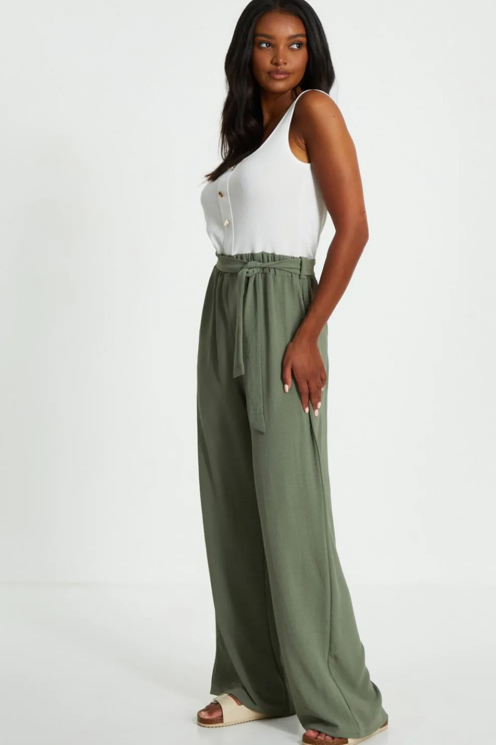 Khaki Contrast Ribbed Palazzo Jumpsuit