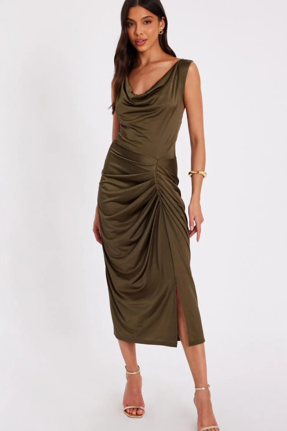 Khaki Cowl Neck Midi Dress