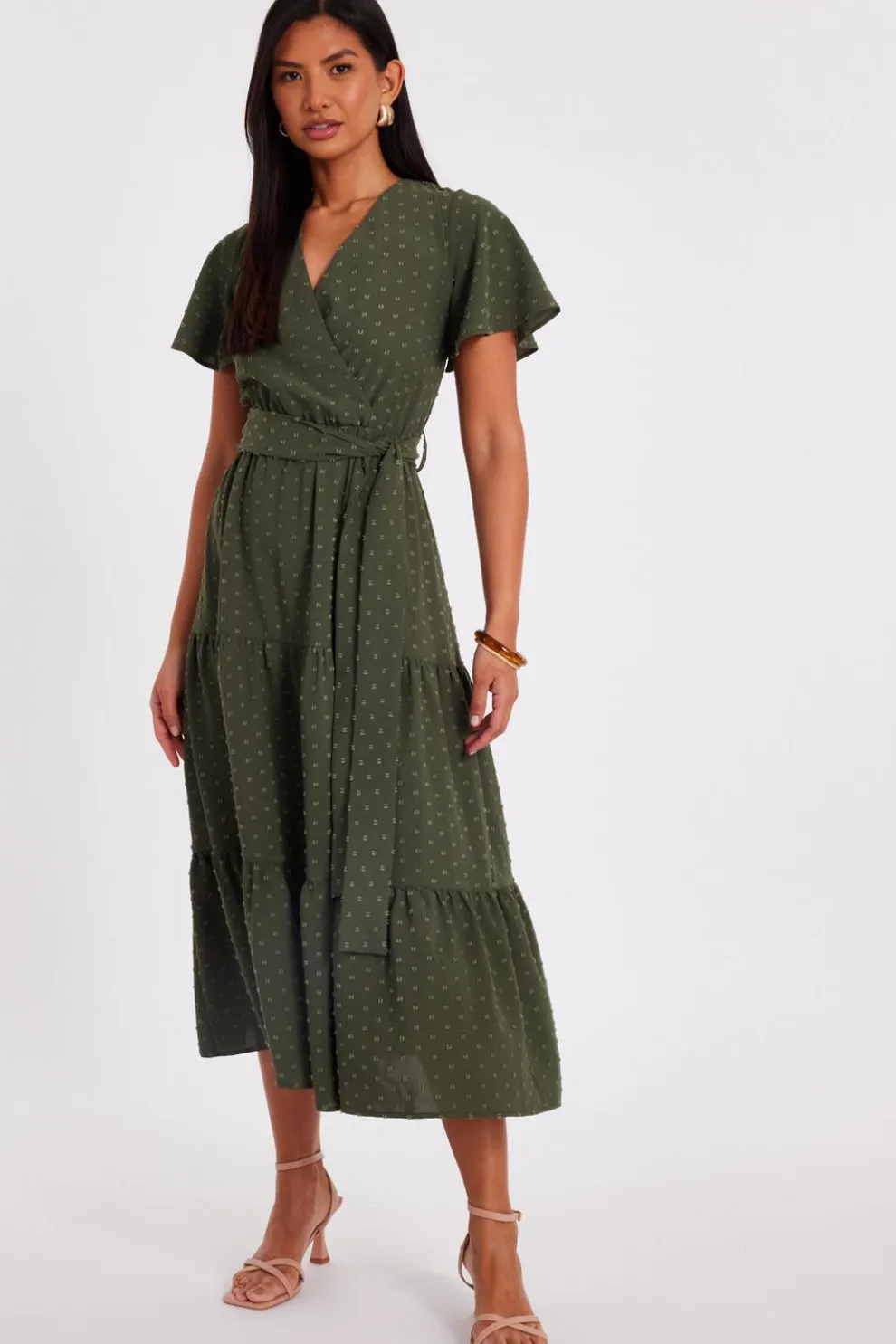 Khaki Dobby Tie Waist Midi Dress