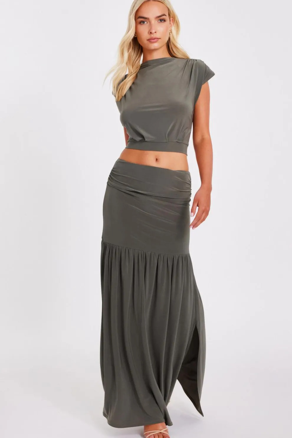 Khaki Drop Waist Midaxi Skirt