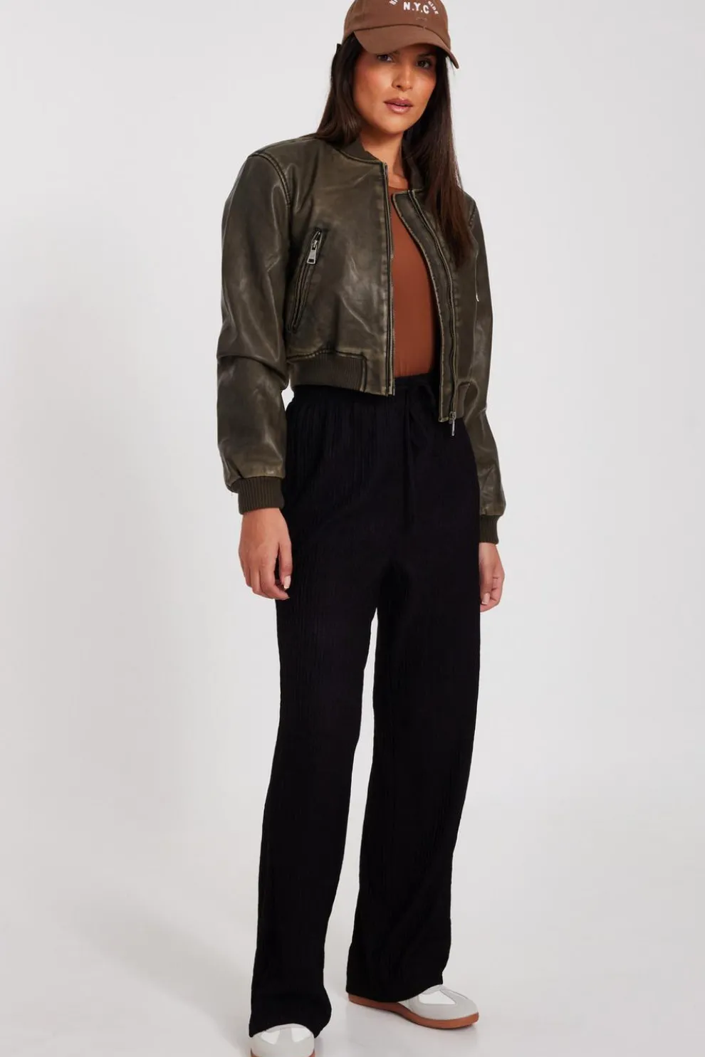 Khaki Faux Leather Bomber Jacket