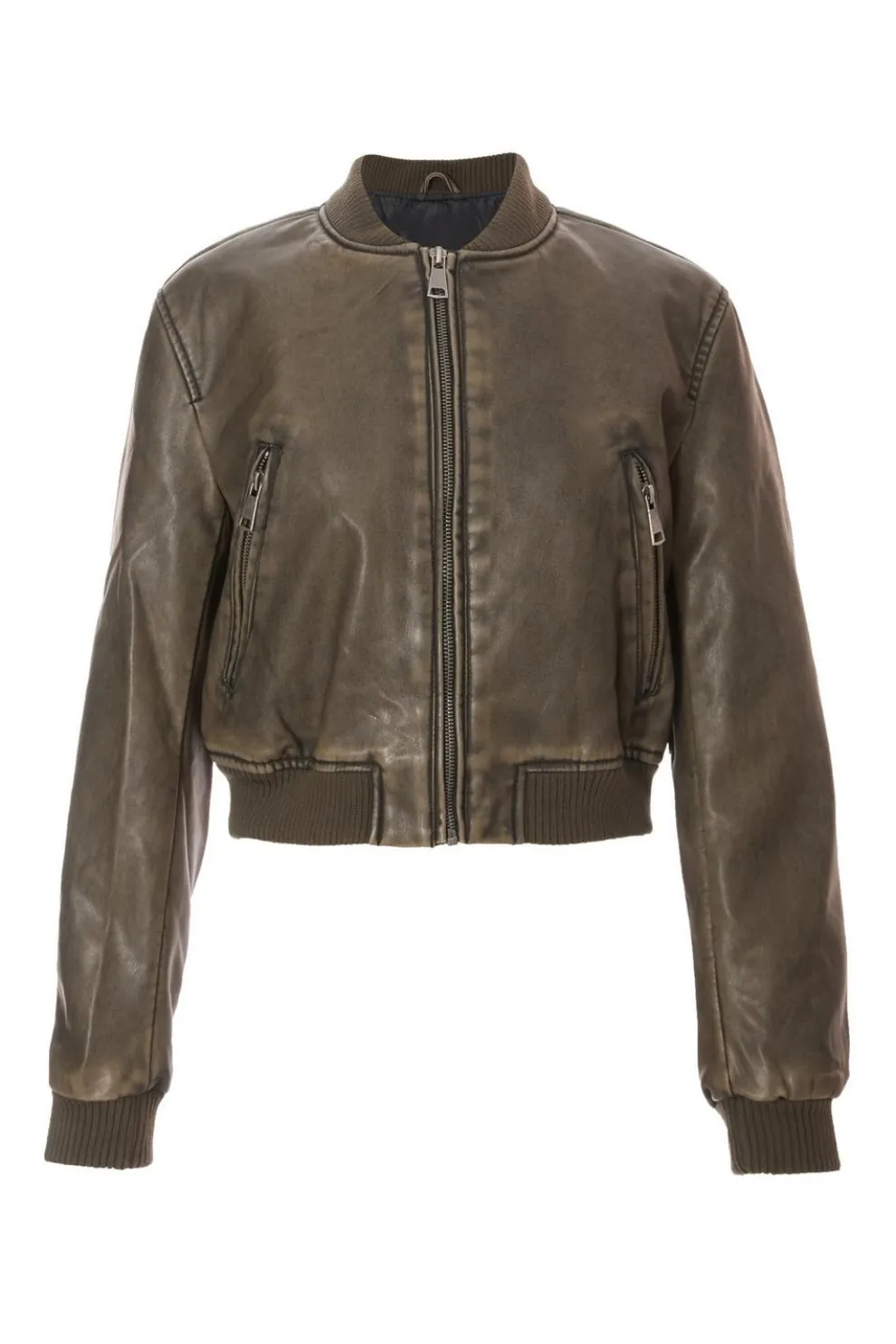 Khaki Faux Leather Bomber Jacket