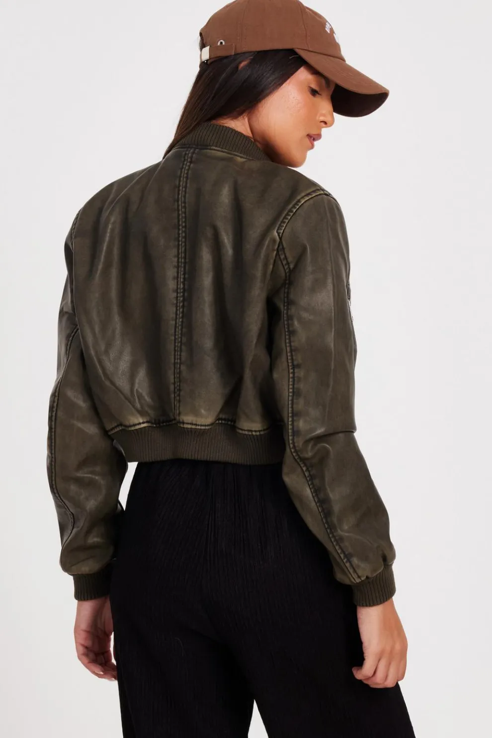 Khaki Faux Leather Bomber Jacket