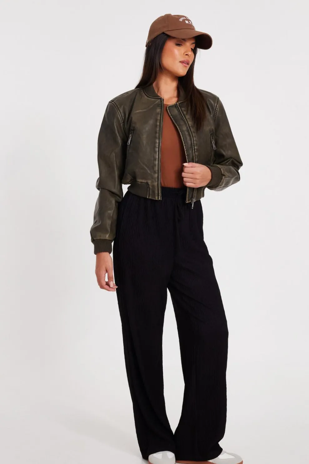 Khaki Faux Leather Bomber Jacket