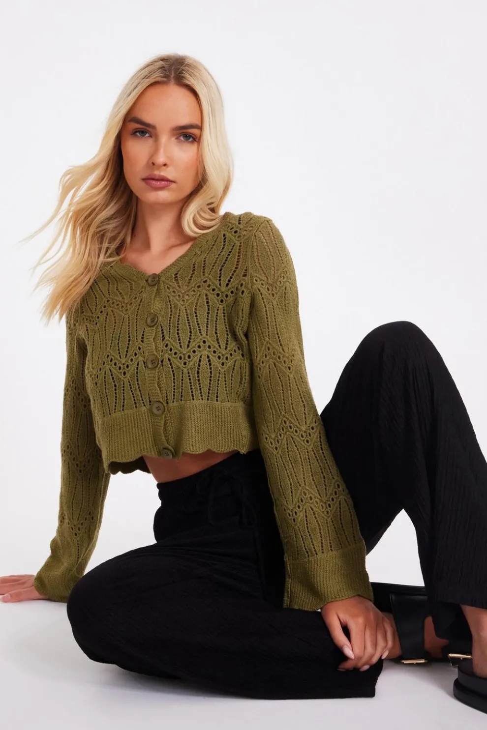 Khaki Knit Cropped Cardigan