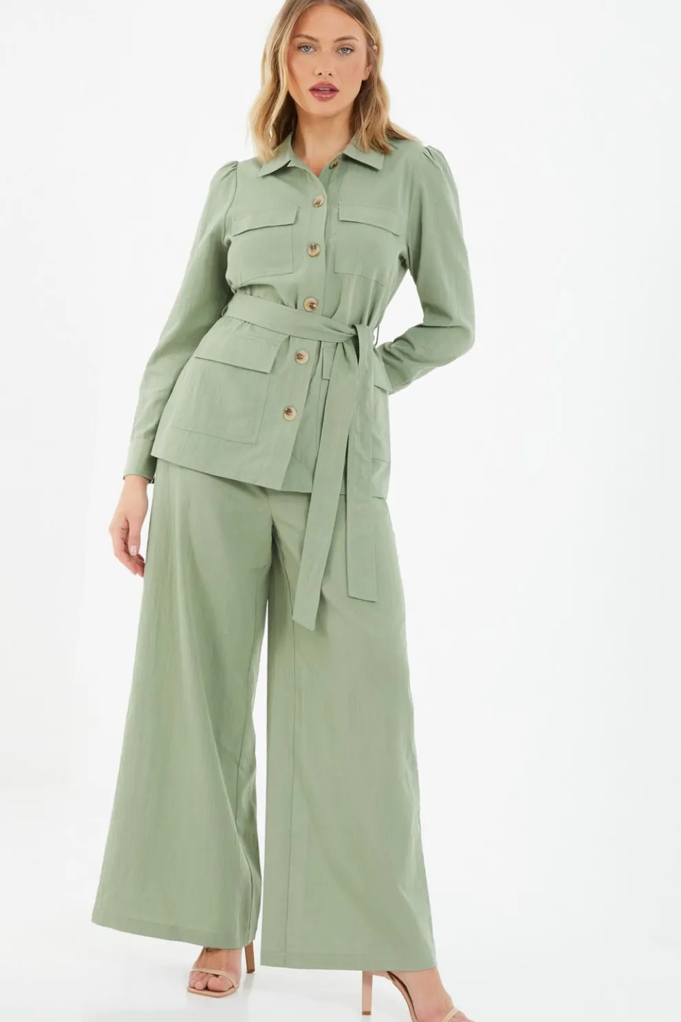 Khaki Linen Wide Leg Trousers