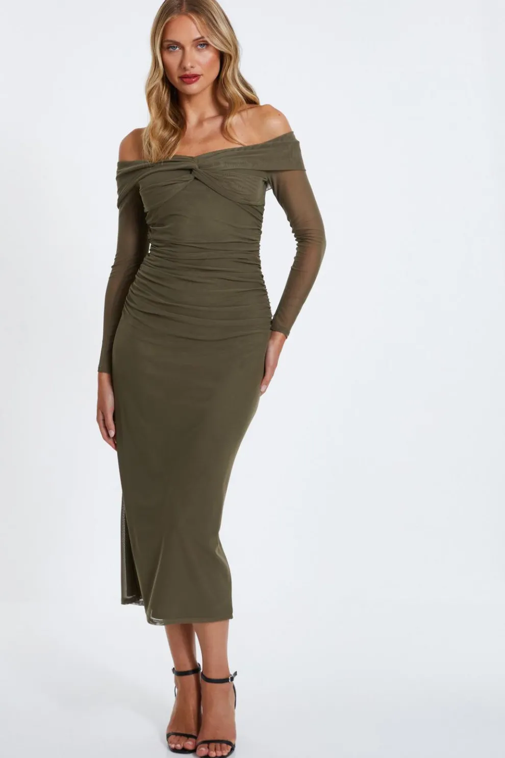Khaki Mesh Twist Bardot Midaxi Dress