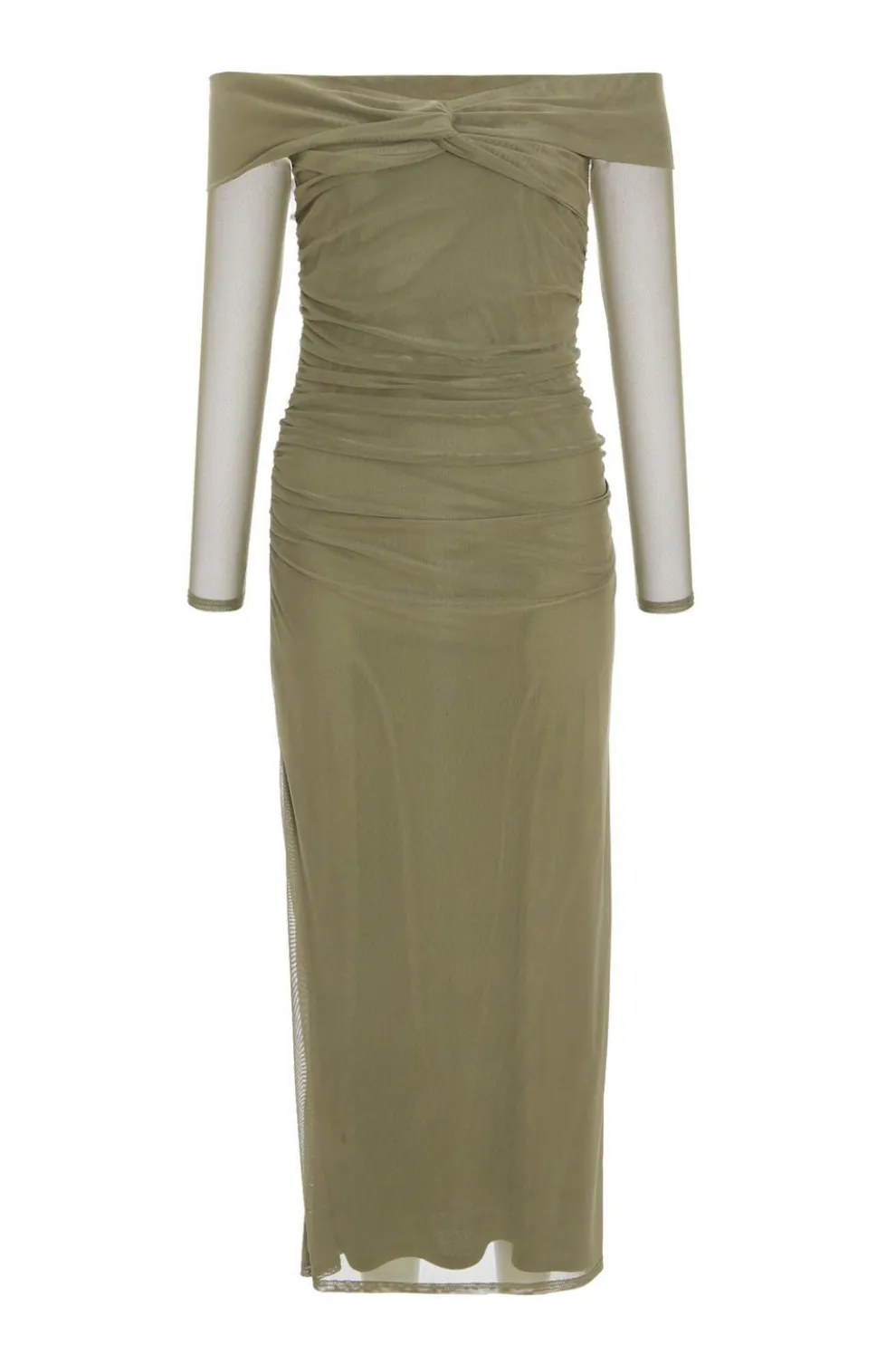 Khaki Mesh Twist Bardot Midaxi Dress