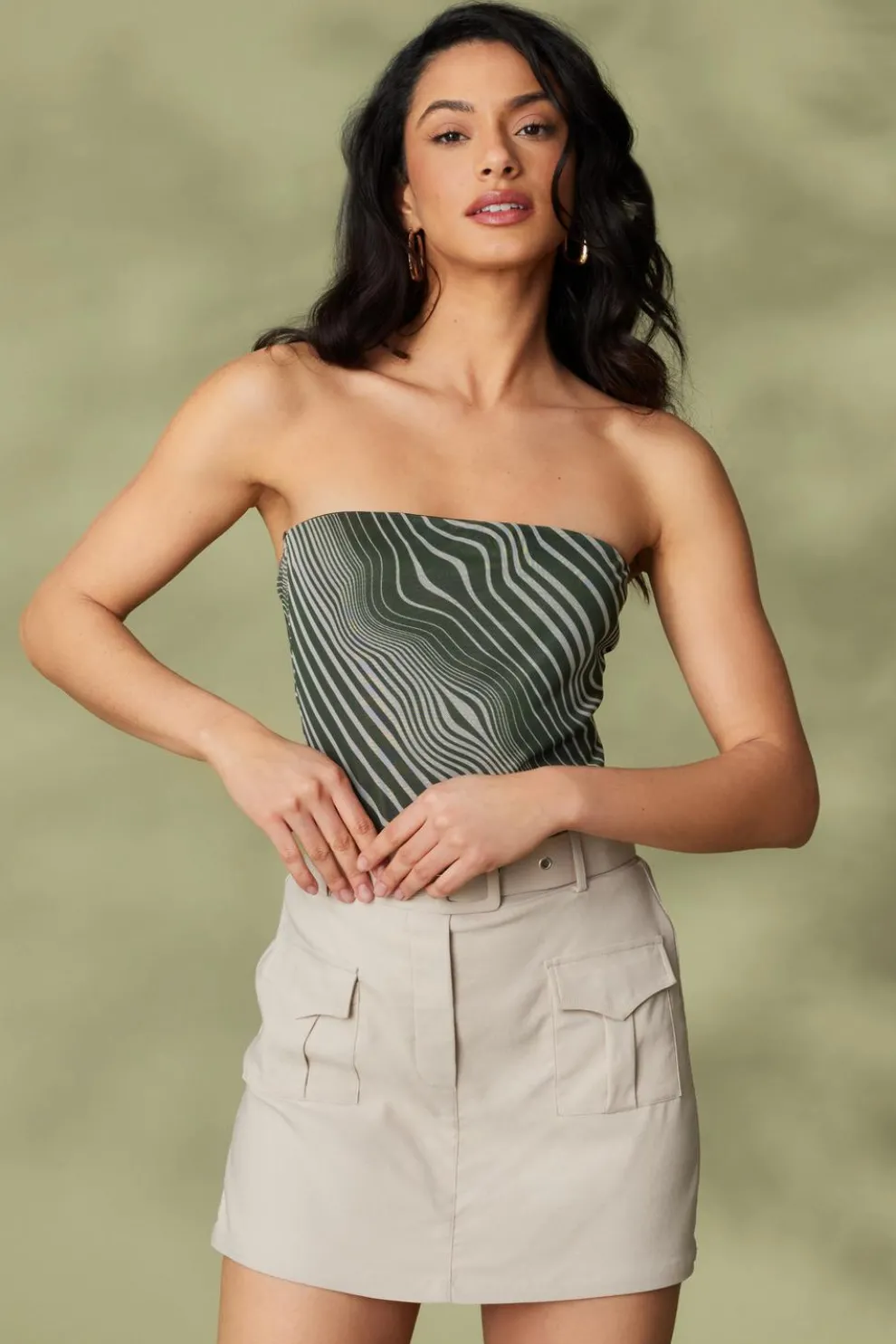 Khaki Mesh Wave Strapless Bodysuit