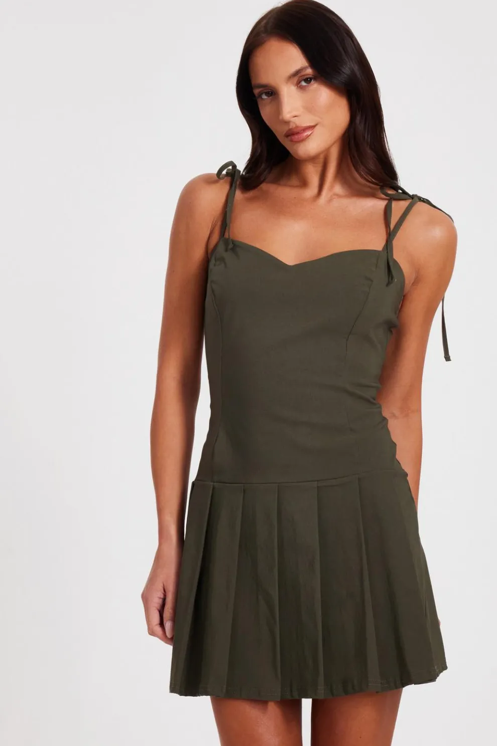 Khaki Pleated Mini Dress