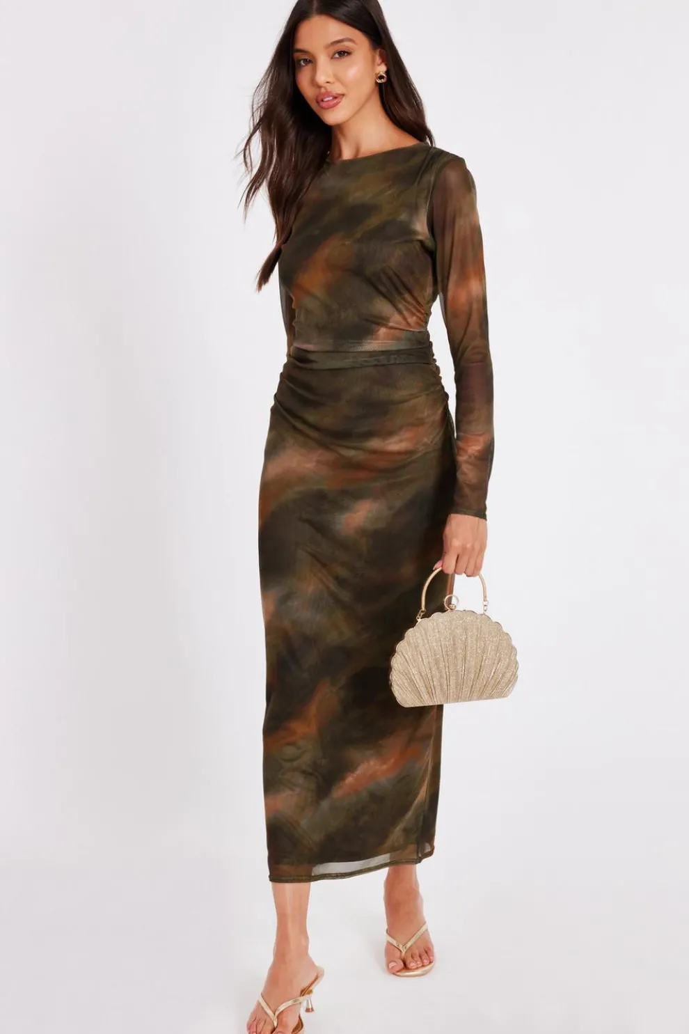 Khaki Printed Long Sleeve Midaxi Dress