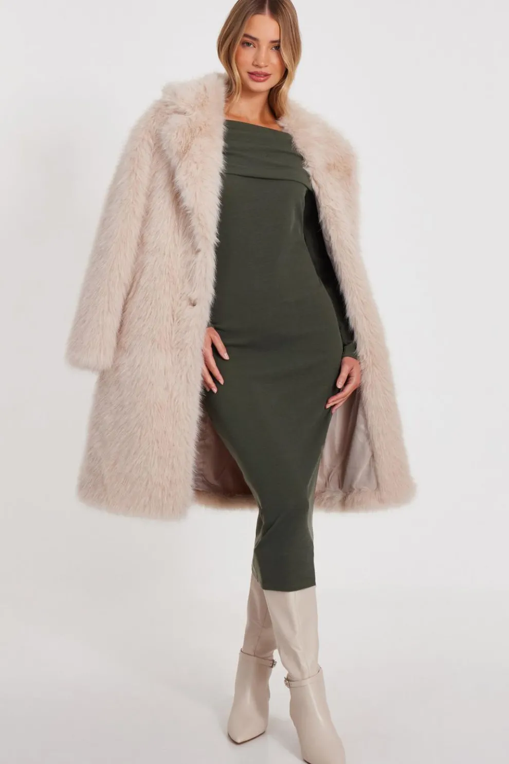 Khaki Ribbed Bardot Midi Dress