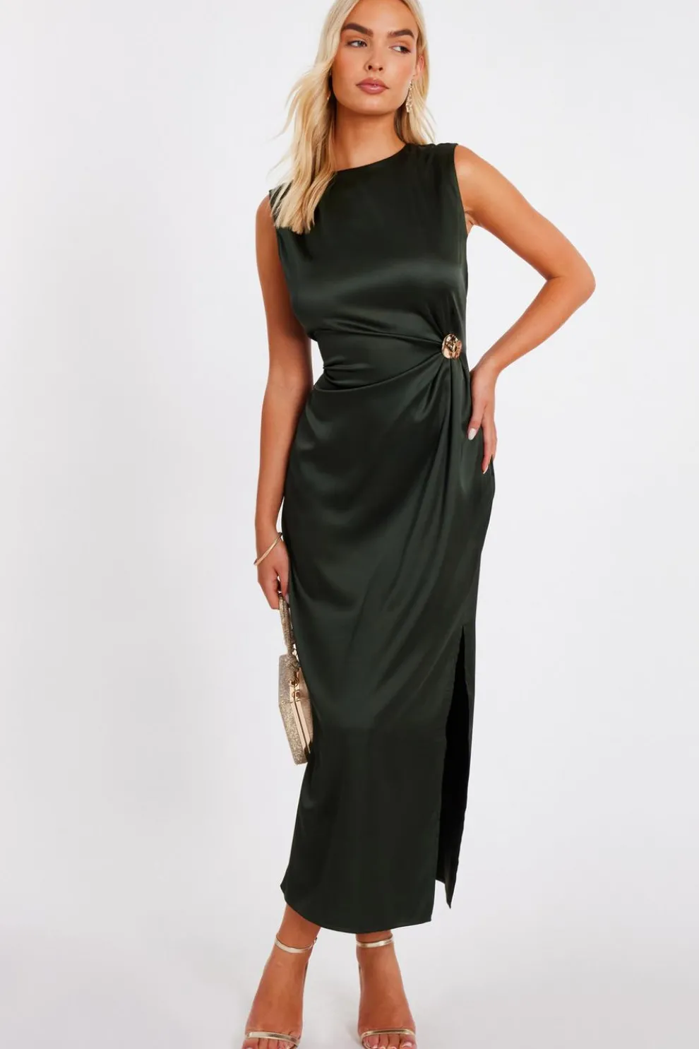 Khaki Satin Buckle Side Midaxi Dress