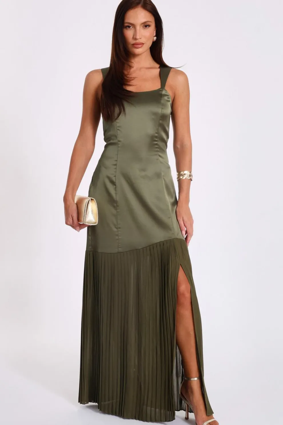 Khaki Satin Pleated Maxi Dress