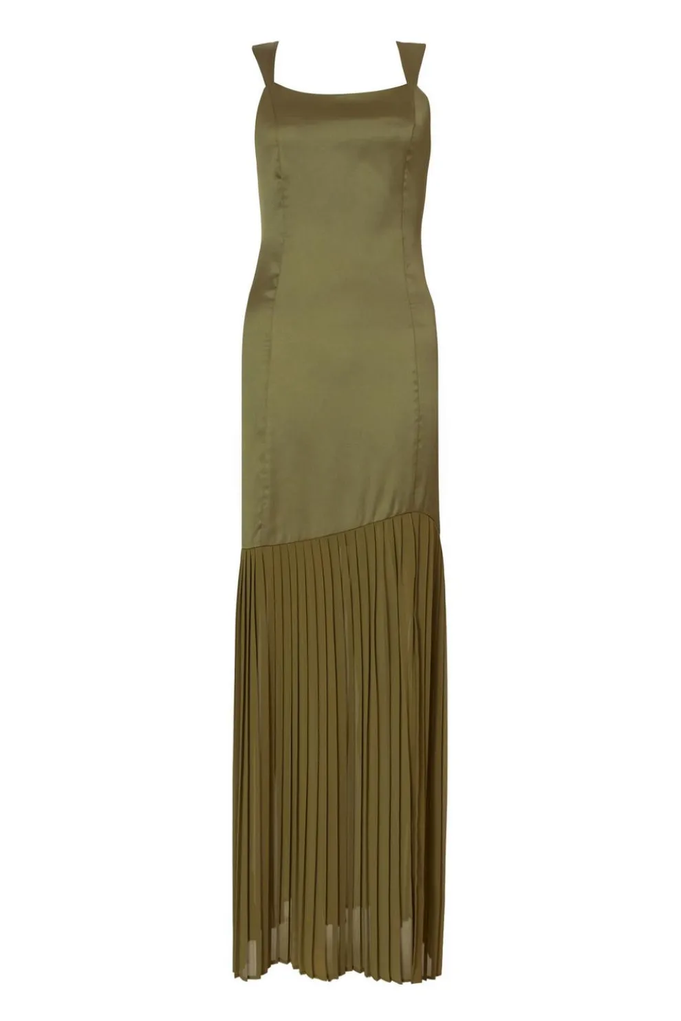 Khaki Satin Pleated Maxi Dress