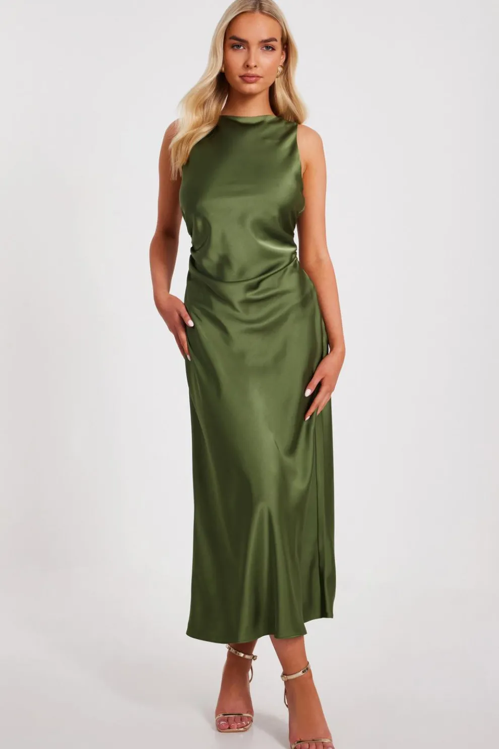 Khaki Satin Ruched Midi Dress