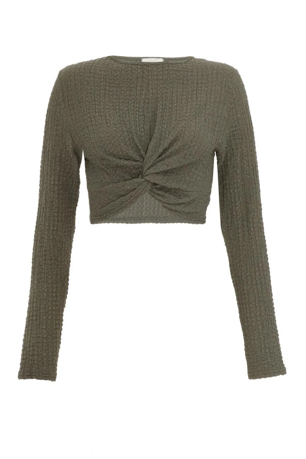 Khaki Textured Knot Front Crop Top