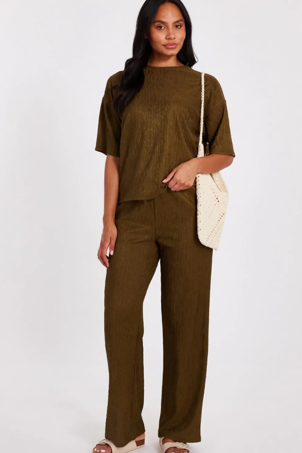 Khaki Textured Palazzo Trousers