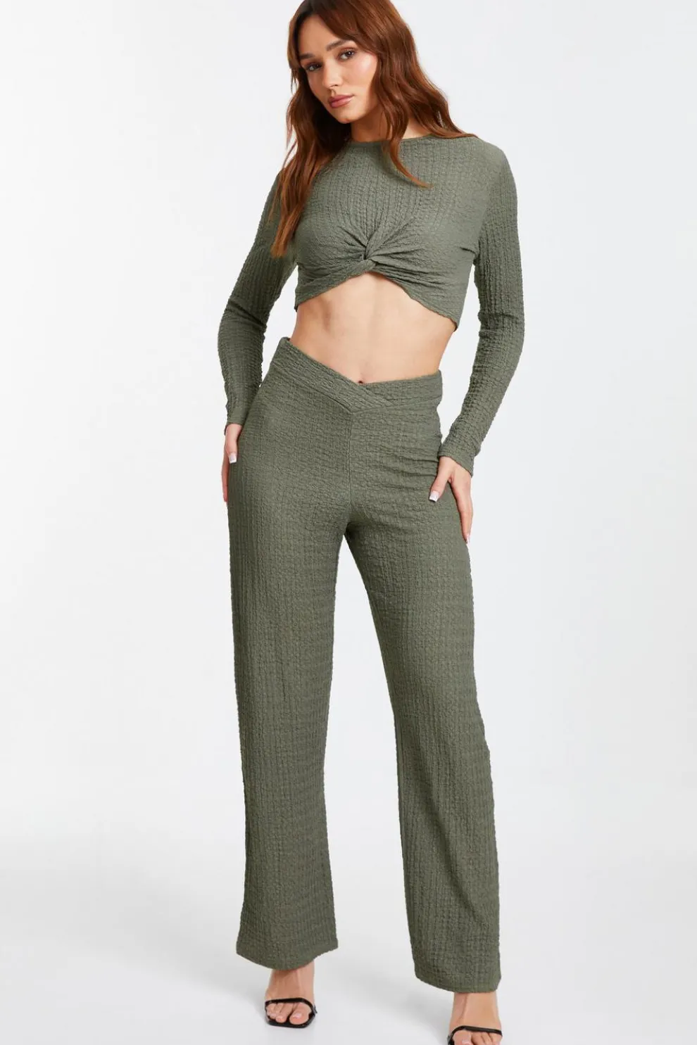 Khaki Textured Palazzo Trousers