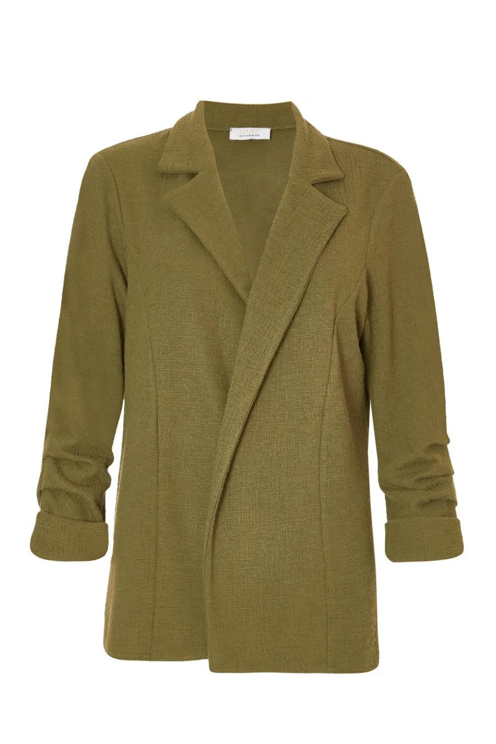 Khaki Textured Ruched Sleeve Blazer